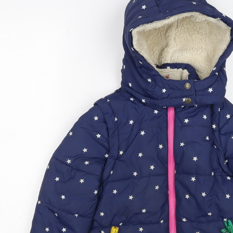 Mini Boden Girls Blue Star Puffer Jacket 5-6 Years Hooded Lined