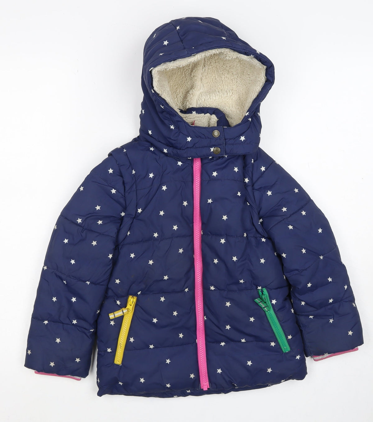 Mini Boden Girls Blue Star Puffer Jacket 5-6 Years Hooded Lined