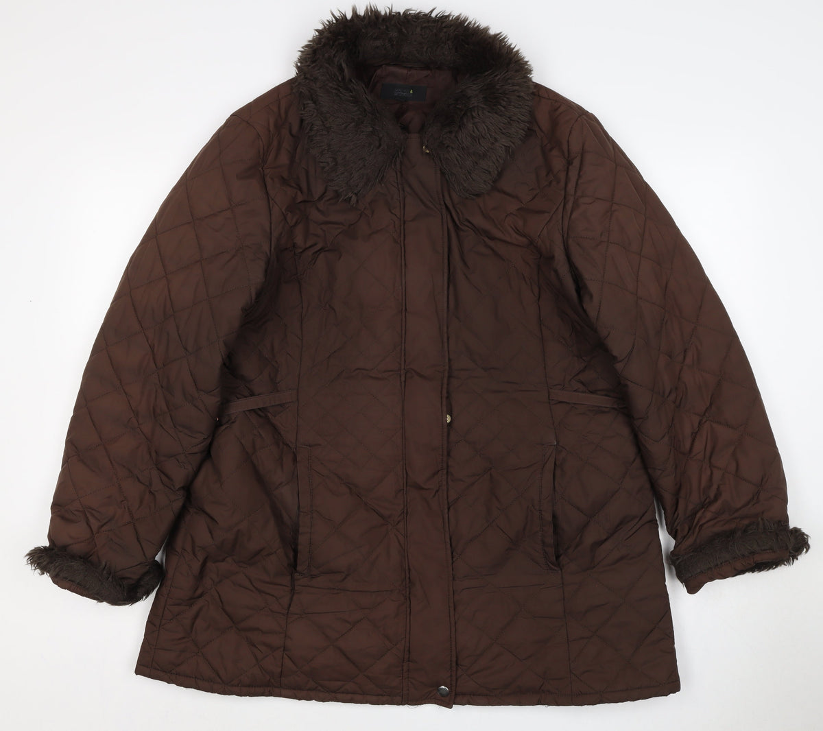 Marks & Spencer Women Brown Size 16 Quilted Faux Fur Trim Padded Coat