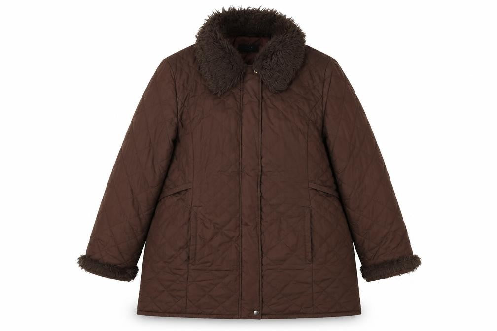 Marks & Spencer Women Brown Size 16 Quilted Faux Fur Trim Padded Coat