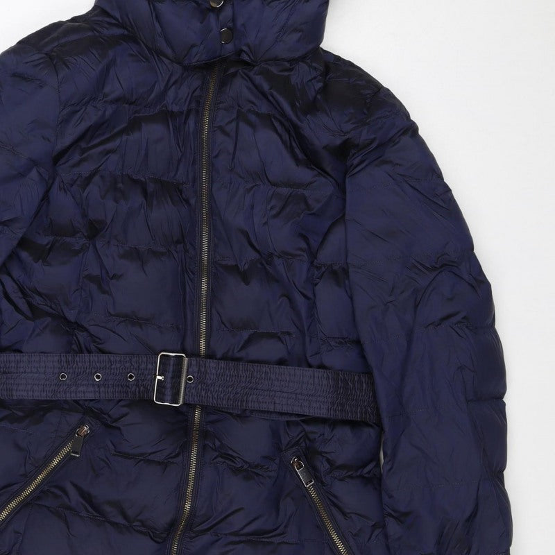 Per Una Women’s Navy UK 12 Long Hooded Belted Down Puffer Coat