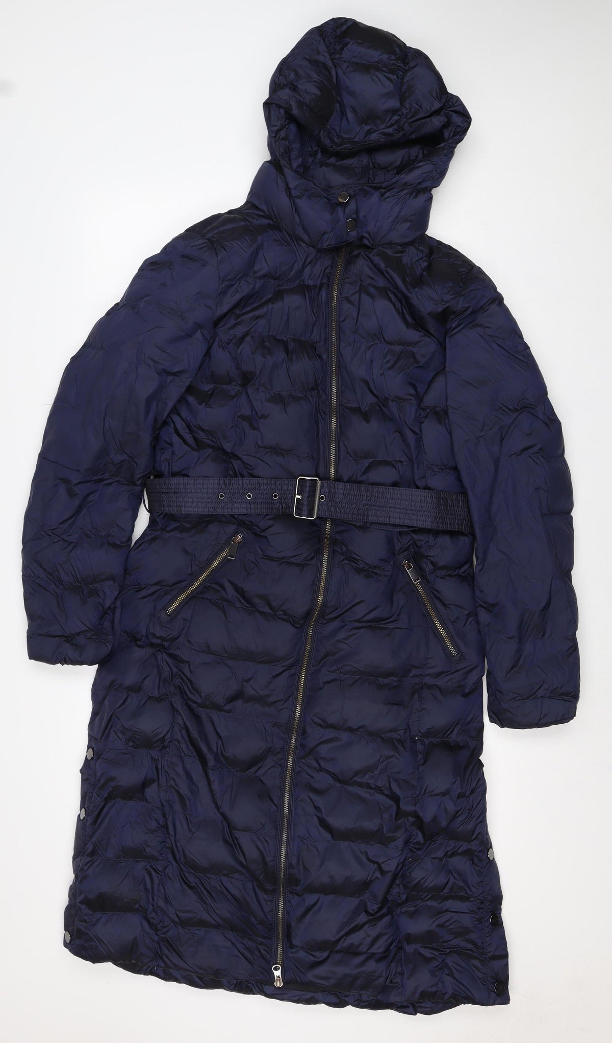 Per Una Women’s Navy UK 12 Long Hooded Belted Down Puffer Coat