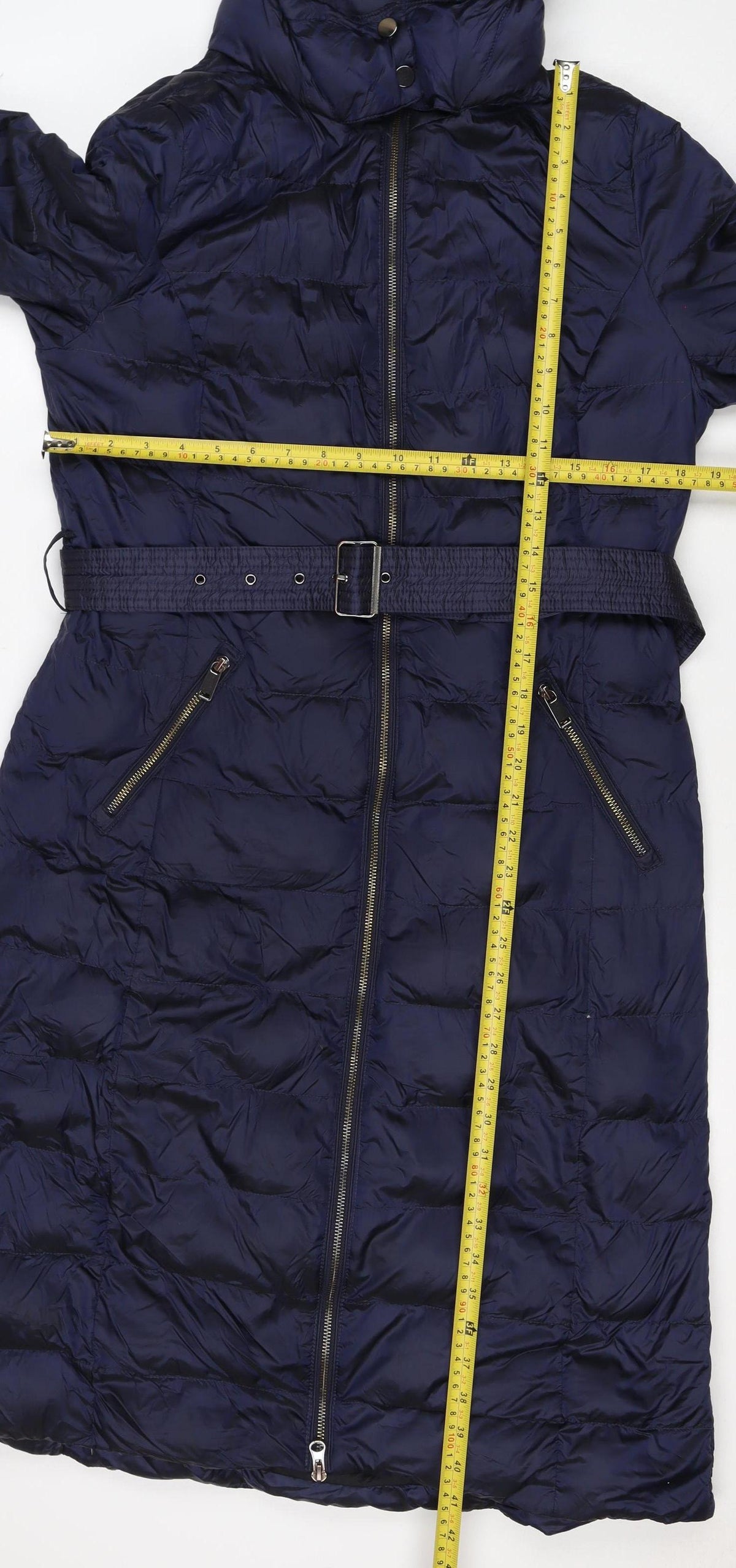 Per Una Women’s Navy UK 12 Long Hooded Belted Down Puffer Coat