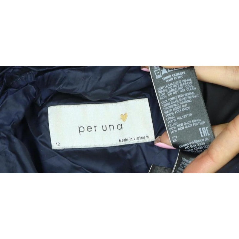 Per Una Women’s Navy UK 12 Long Hooded Belted Down Puffer Coat