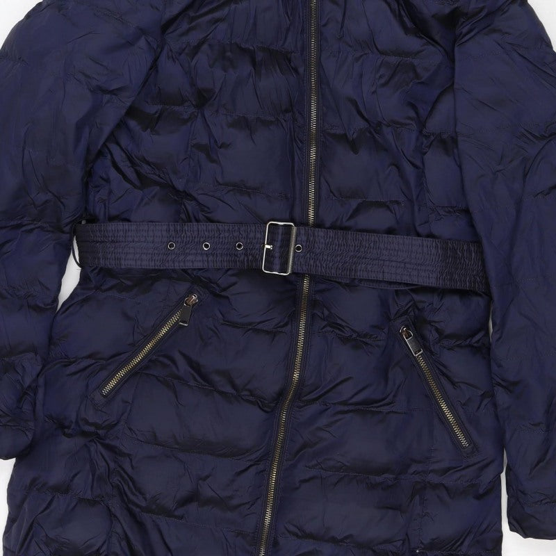 Per Una Women’s Navy UK 12 Long Hooded Belted Down Puffer Coat