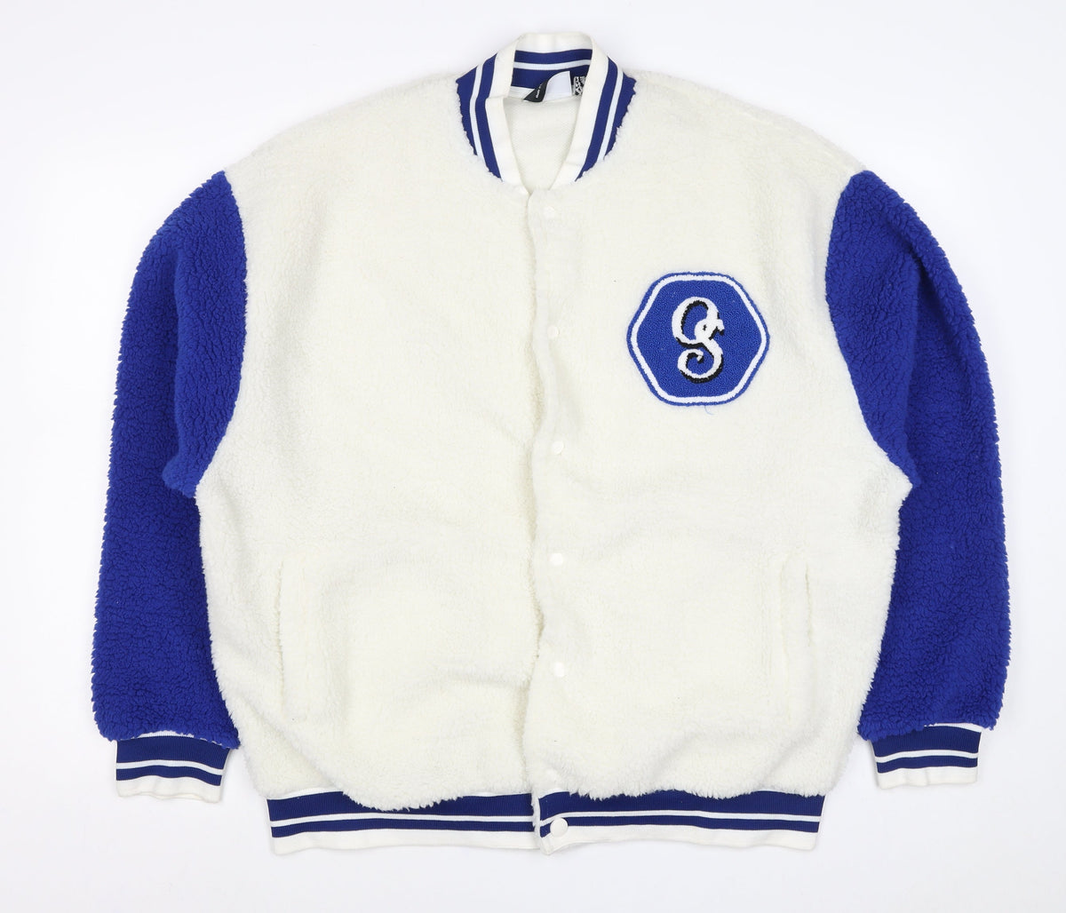 ASOS Men’s White Blue L Sherpa Fleece Varsity Jacket Logo College