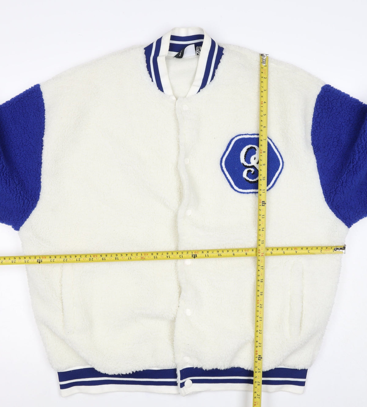 ASOS Men’s White Blue L Sherpa Fleece Varsity Jacket Logo College