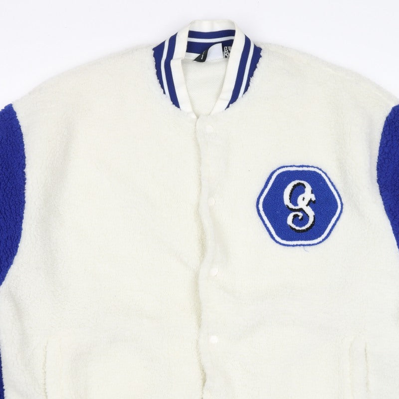 ASOS Men’s White Blue L Sherpa Fleece Varsity Jacket Logo College