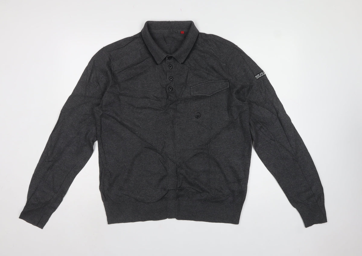 Duck and Cover Mens Grey L Collared Button Henley Knit Jumper