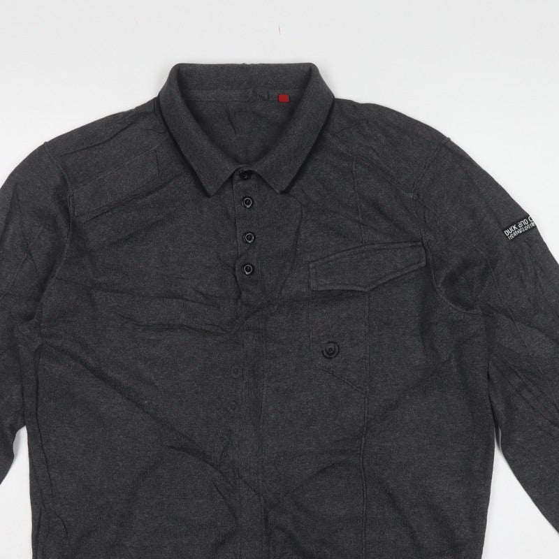 Duck and Cover Mens Grey L Collared Button Henley Knit Jumper