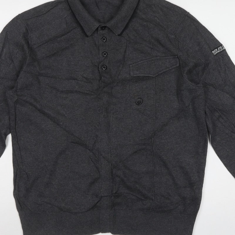 Duck and Cover Mens Grey L Collared Button Henley Knit Jumper