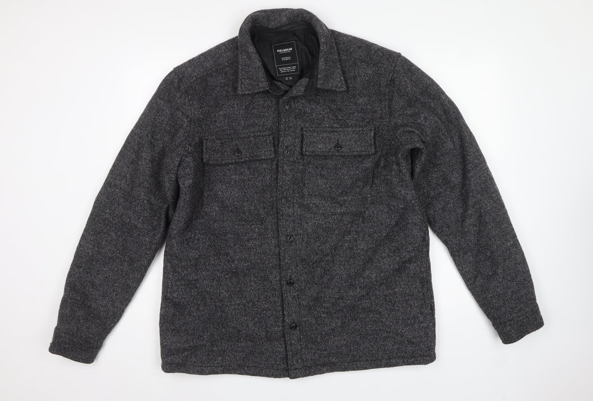 Pull&Bear Men's Grey XL Wool Blend Button Front Lined Jacket
