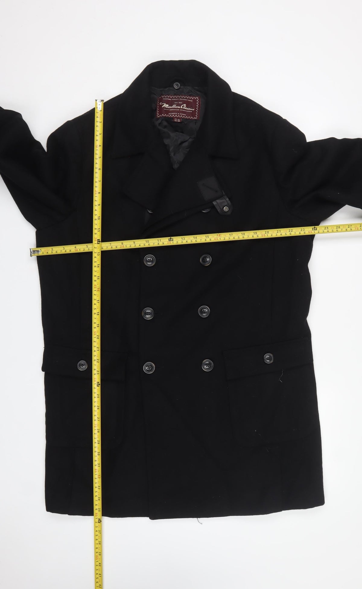 Marlboro Classics Men Black 42 Wool Pea Coat Double Breasted