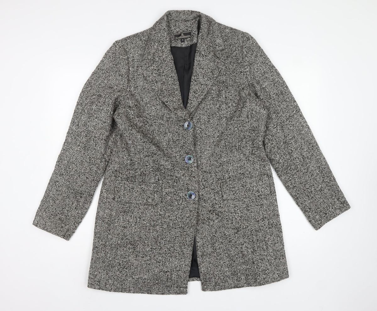 Elizabeth Emanuel Women Grey UK 16 Herringbone Tweed Long Overcoat