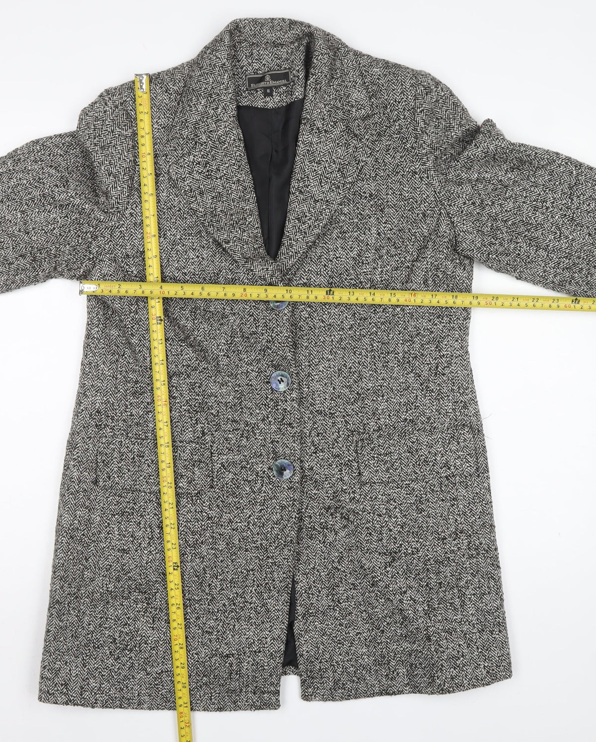 Elizabeth Emanuel Women Grey UK 16 Herringbone Tweed Long Overcoat