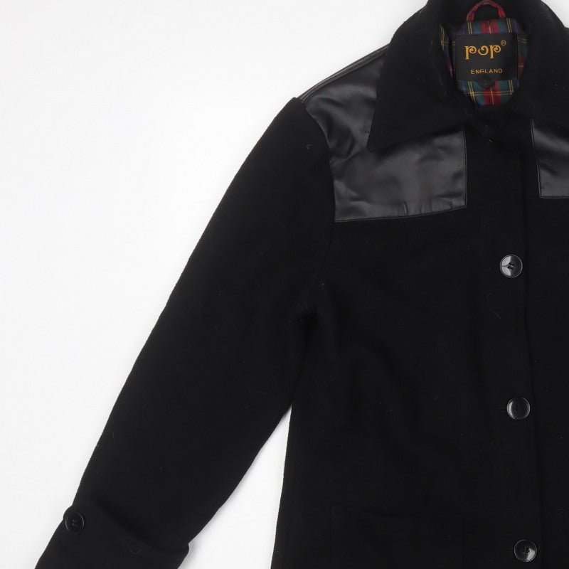 Pop England Women’s Black S Wool Blend Faux Leather Panel Overcoat