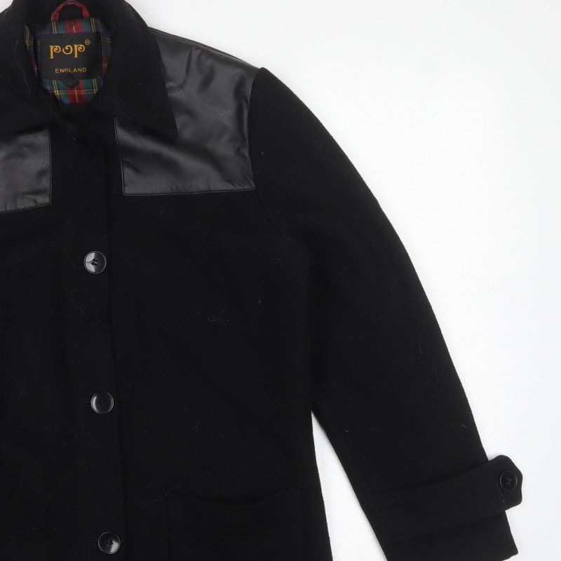 Pop England Women’s Black S Wool Blend Faux Leather Panel Overcoat