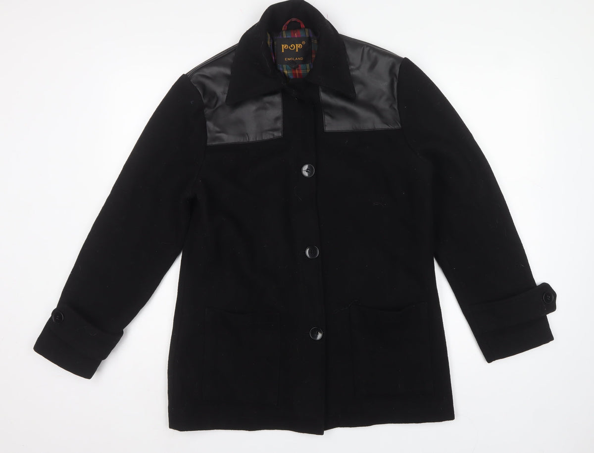 Pop England Women’s Black S Wool Blend Faux Leather Panel Overcoat