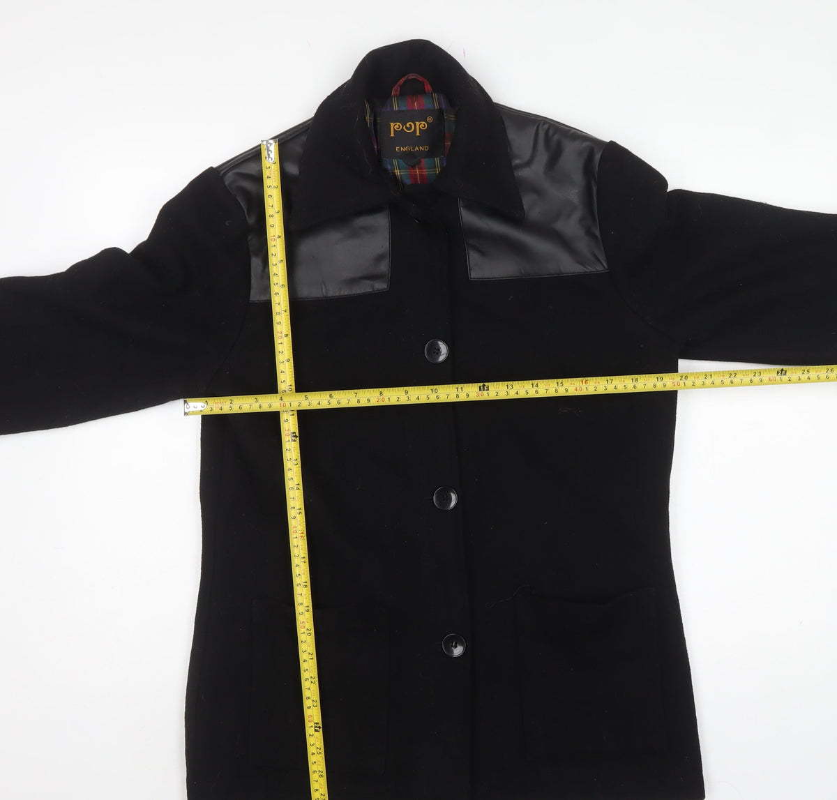 Pop England Women’s Black S Wool Blend Faux Leather Panel Overcoat