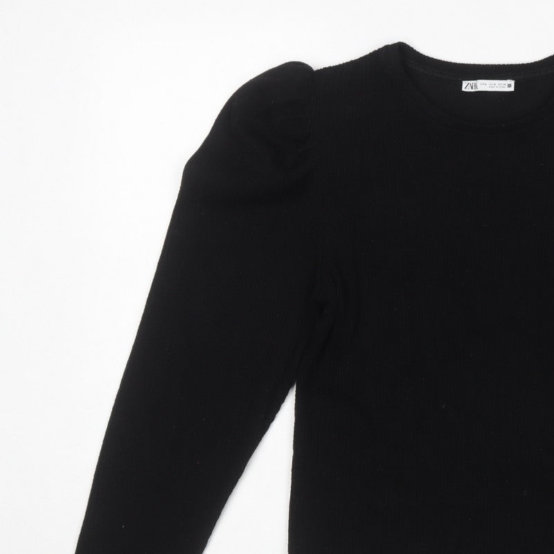 Zara Women Black M Cropped Rib Knit Puff Sleeve Top