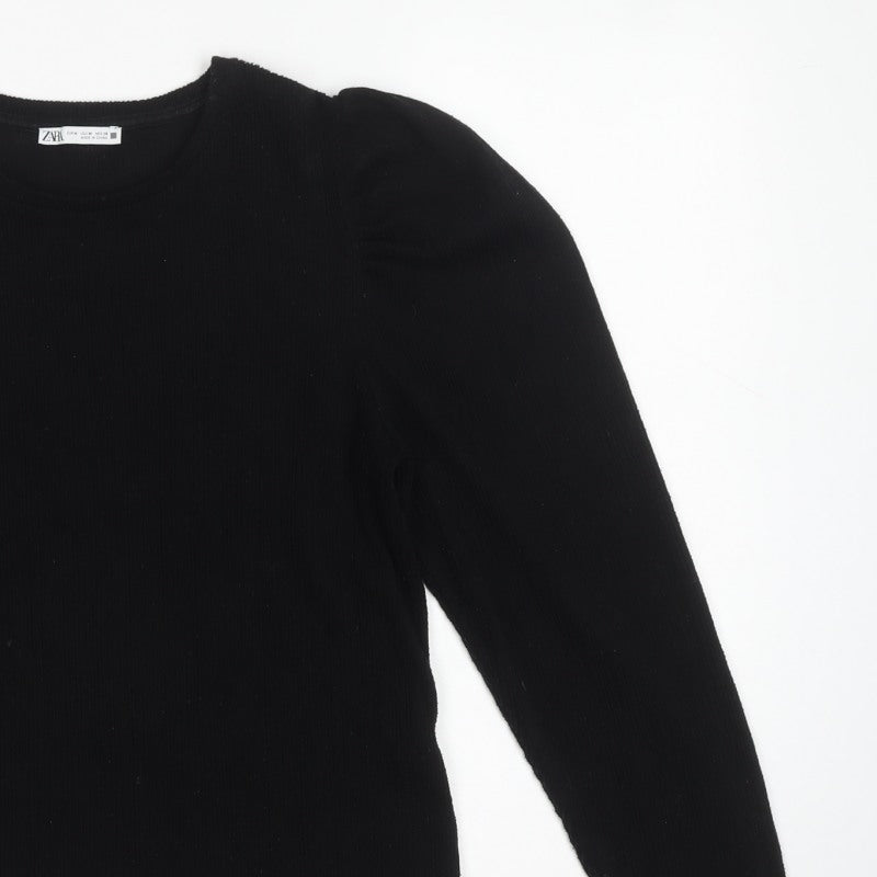 Zara Women Black M Cropped Rib Knit Puff Sleeve Top