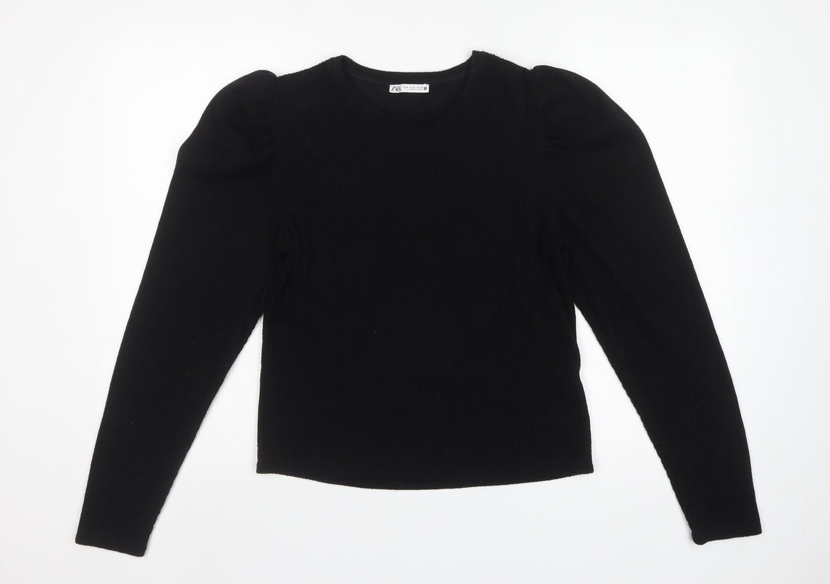 Zara Women Black M Cropped Rib Knit Puff Sleeve Top