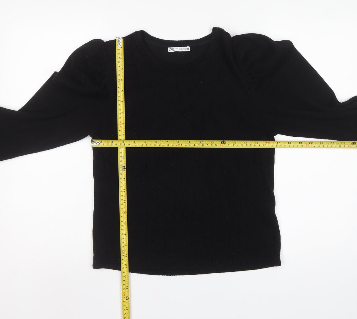 Zara Women Black M Cropped Rib Knit Puff Sleeve Top