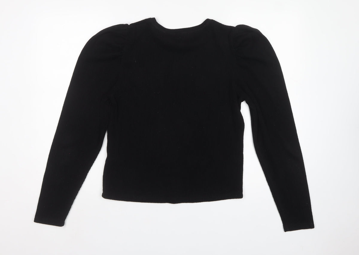 Zara Women Black M Cropped Rib Knit Puff Sleeve Top