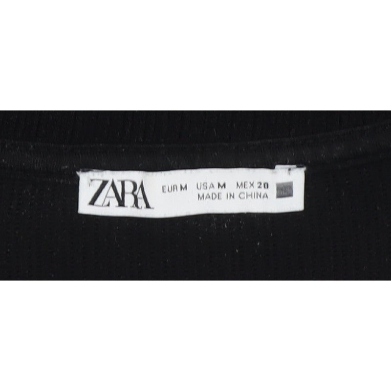 Zara Women Black M Cropped Rib Knit Puff Sleeve Top
