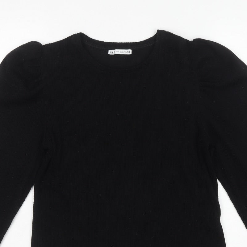 Zara Women Black M Cropped Rib Knit Puff Sleeve Top