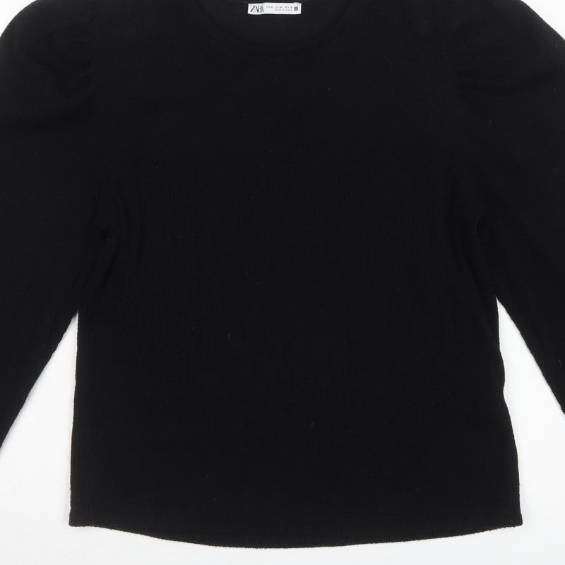 Zara Women Black M Cropped Rib Knit Puff Sleeve Top