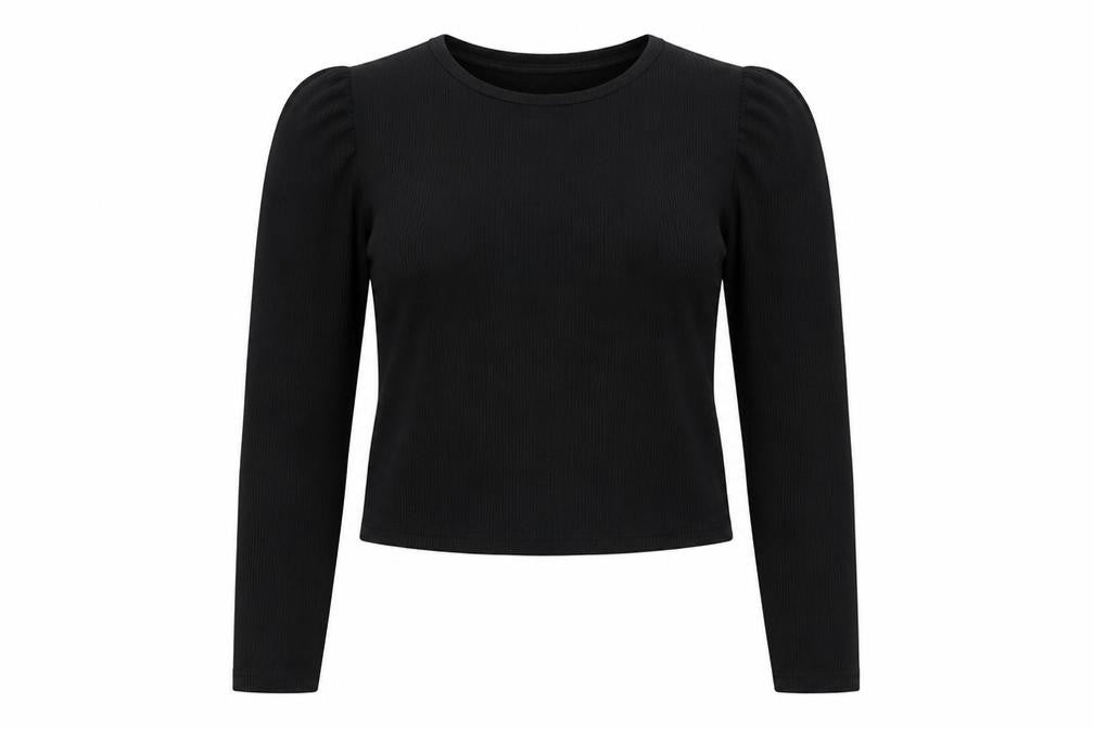 Zara Women Black M Cropped Rib Knit Puff Sleeve Top