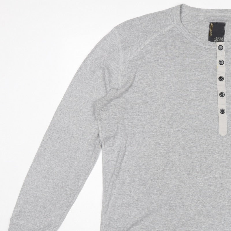 Jack & Jones Men Grey XL Long Sleeve Henley Button T-Shirt