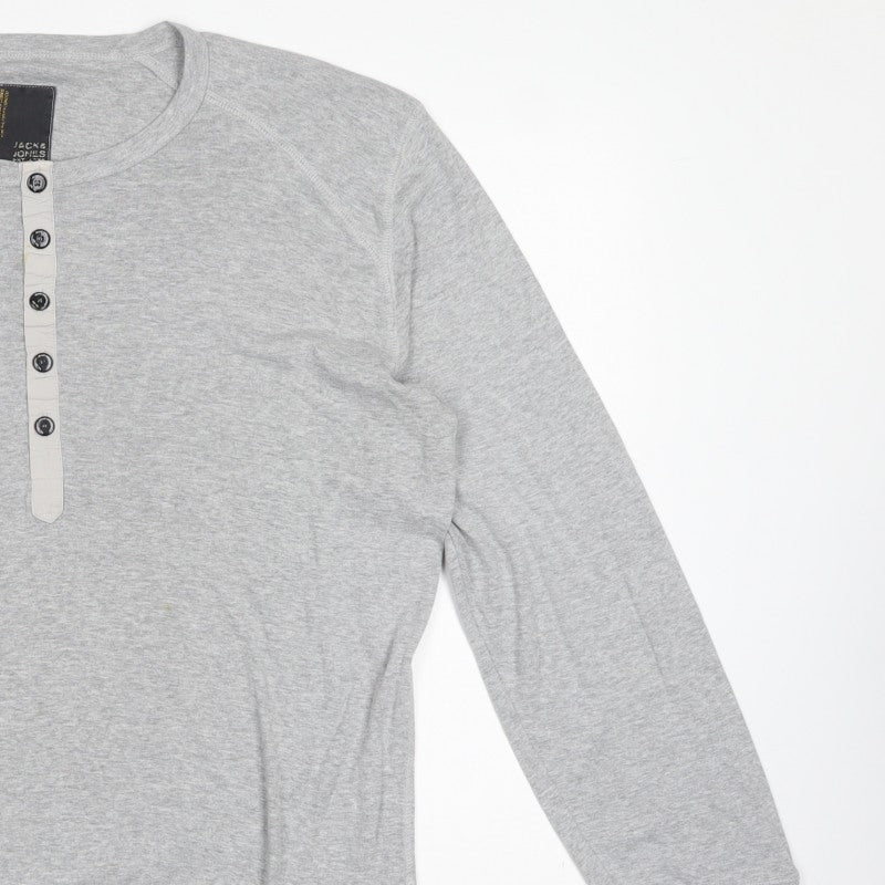 Jack & Jones Men Grey XL Long Sleeve Henley Button T-Shirt