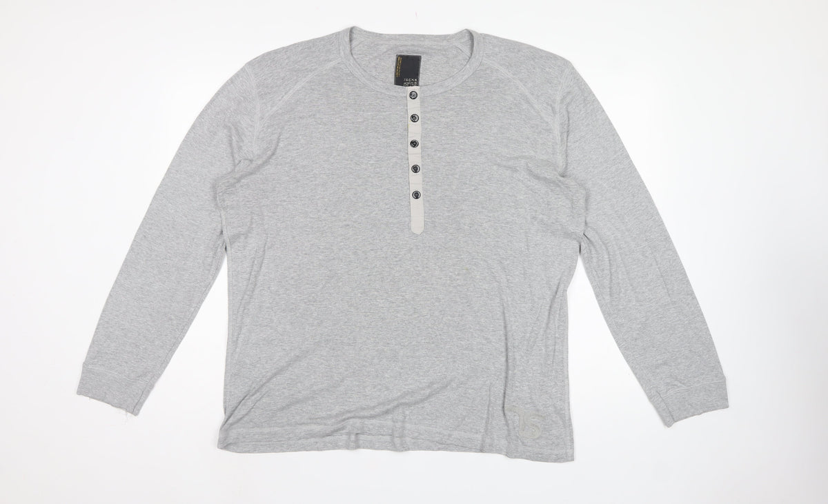 Jack & Jones Men Grey XL Long Sleeve Henley Button T-Shirt