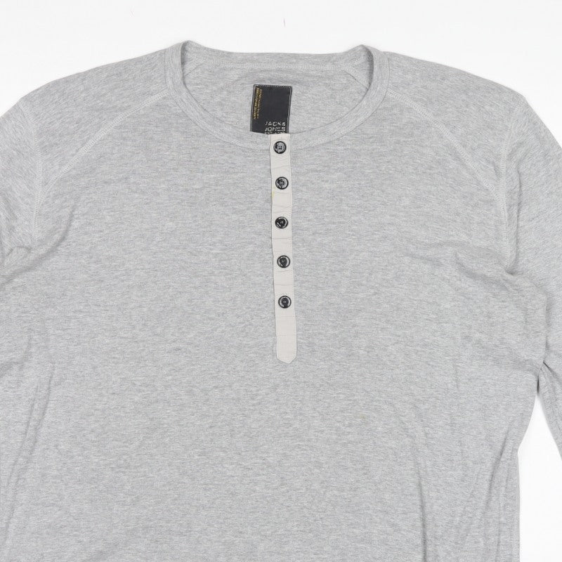 Jack & Jones Men Grey XL Long Sleeve Henley Button T-Shirt
