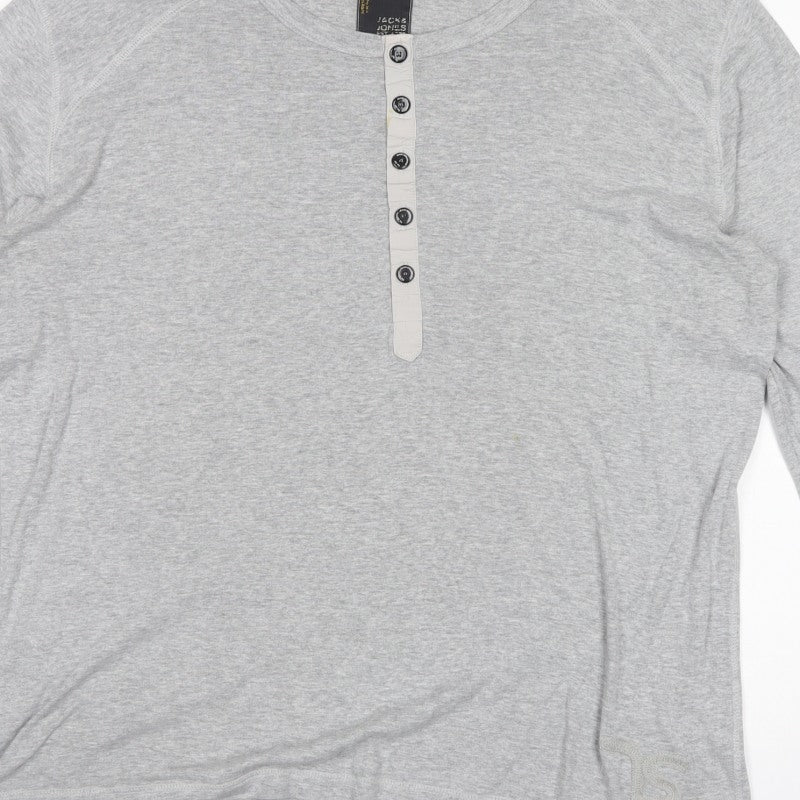 Jack & Jones Men Grey XL Long Sleeve Henley Button T-Shirt