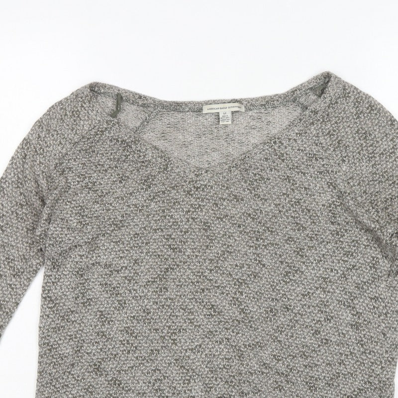 American Eagle Womens Grey S Open Front V-Neck Knit Cardigan
