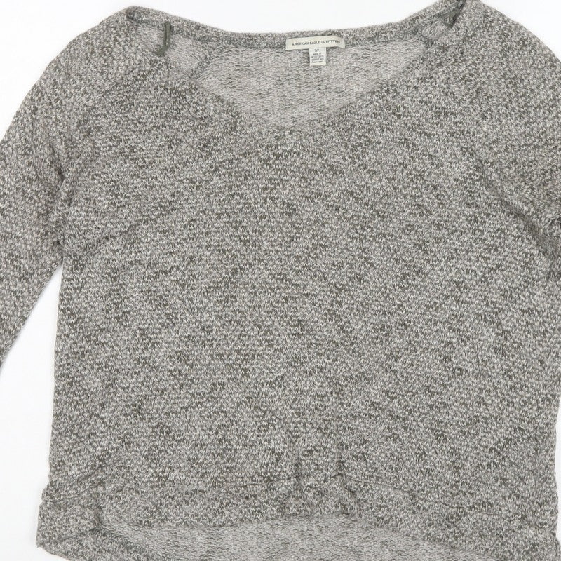 American Eagle Womens Grey S Open Front V-Neck Knit Cardigan