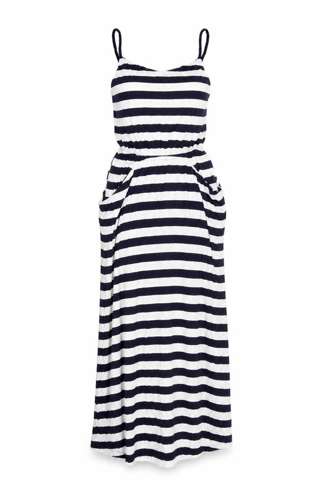 Gap Women Blue White Striped M V-Neck Maxi Dress