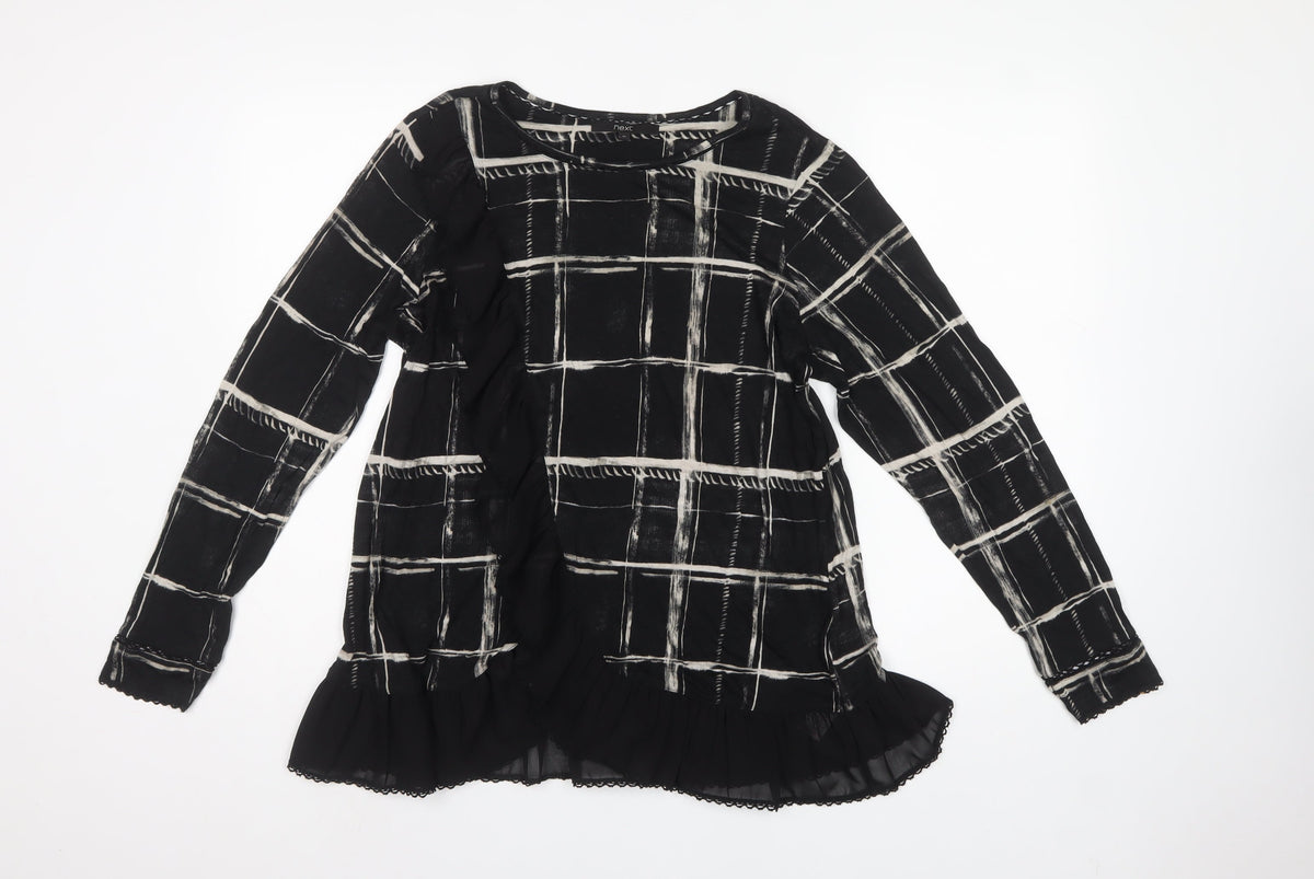 Next Women’s Black Check Viscose Ruffle Hem Tunic Blouse UK 16