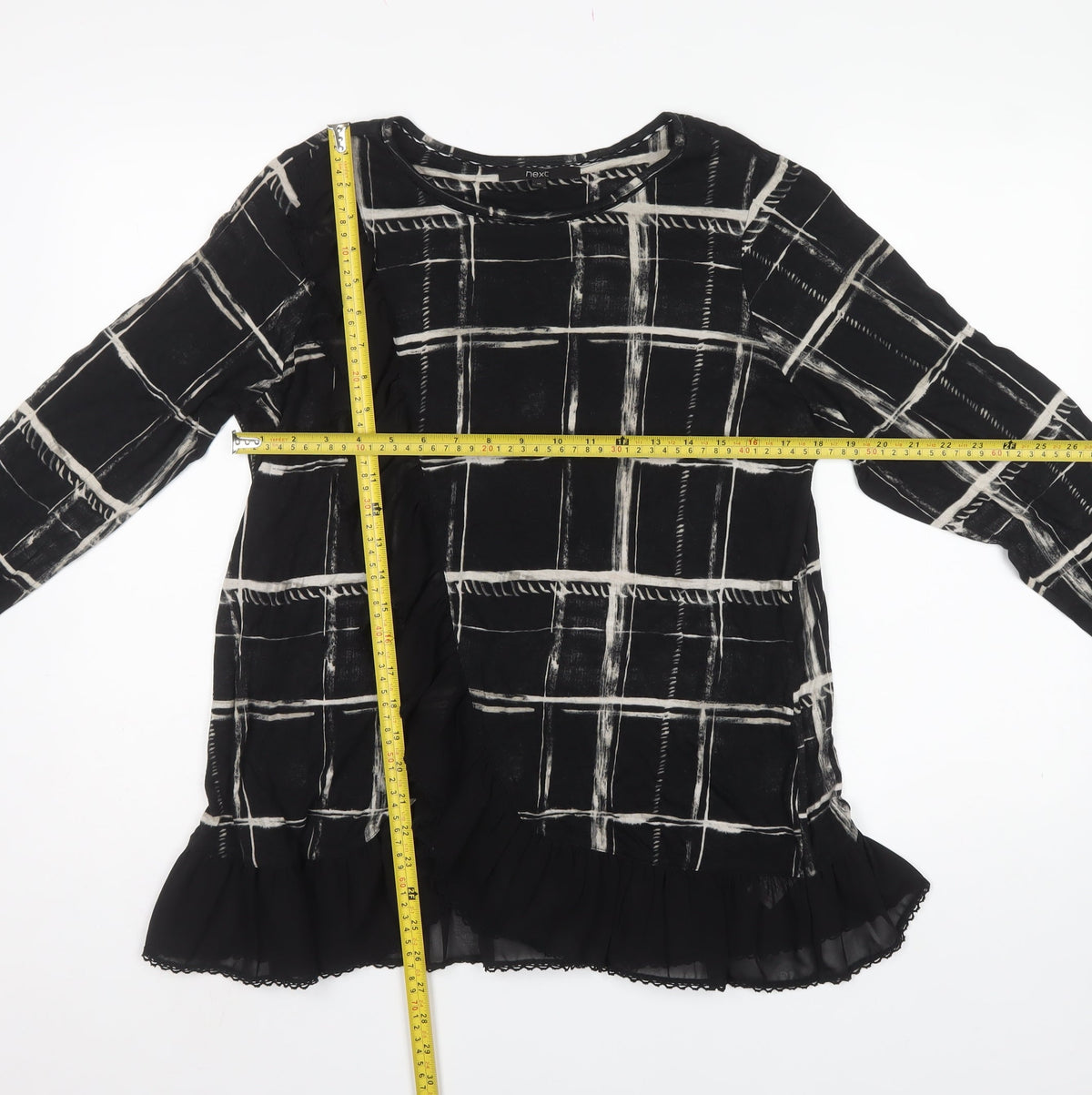Next Women’s Black Check Viscose Ruffle Hem Tunic Blouse UK 16