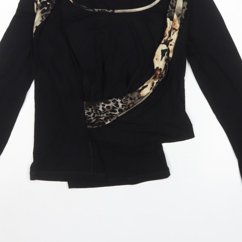 Simon Jeffery Women Black Leopard Wrap Jersey Top UK 12 Long Sleeve
