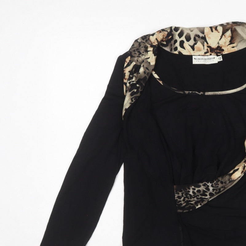 Simon Jeffery Women Black Leopard Wrap Jersey Top UK 12 Long Sleeve