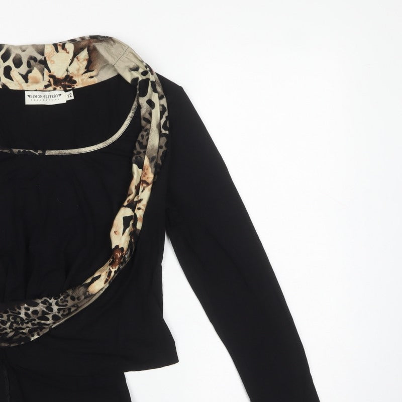 Simon Jeffery Women Black Leopard Wrap Jersey Top UK 12 Long Sleeve