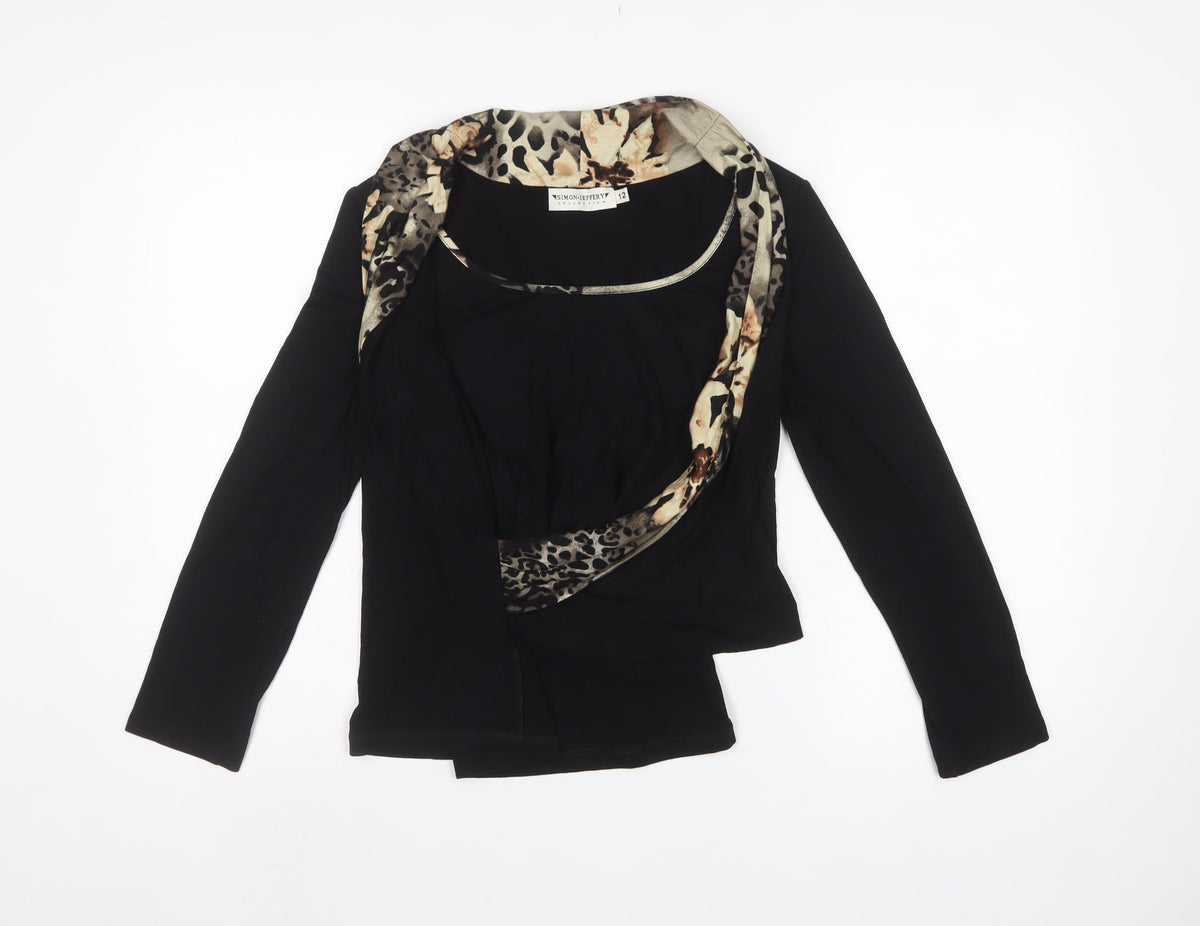 Simon Jeffery Women Black Leopard Wrap Jersey Top UK 12 Long Sleeve