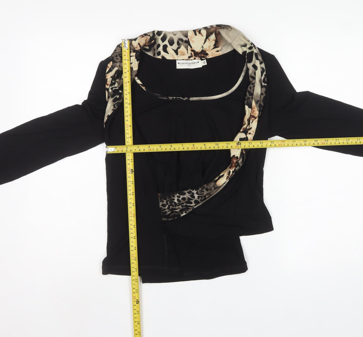 Simon Jeffery Women Black Leopard Wrap Jersey Top UK 12 Long Sleeve