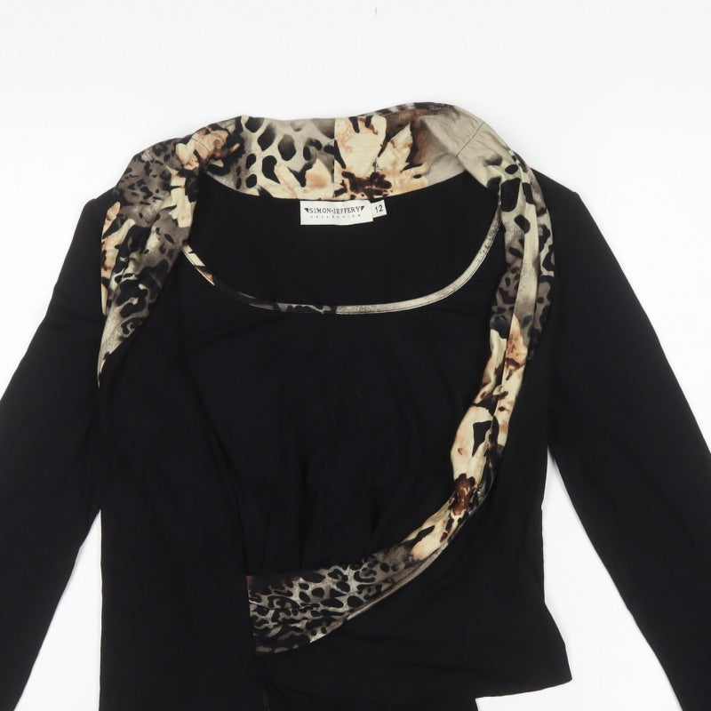 Simon Jeffery Women Black Leopard Wrap Jersey Top UK 12 Long Sleeve