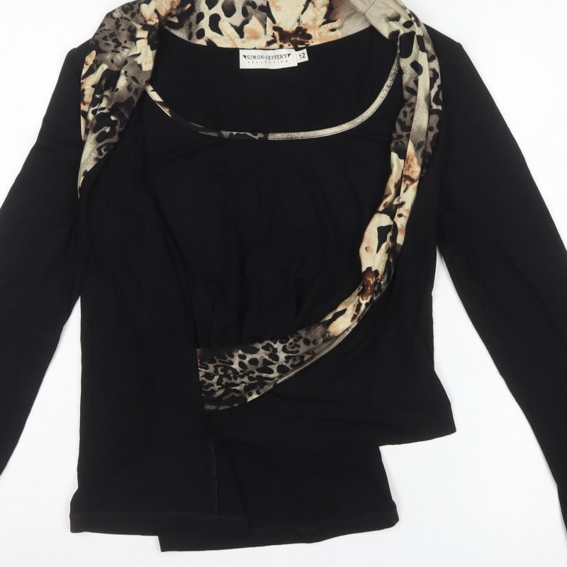 Simon Jeffery Women Black Leopard Wrap Jersey Top UK 12 Long Sleeve