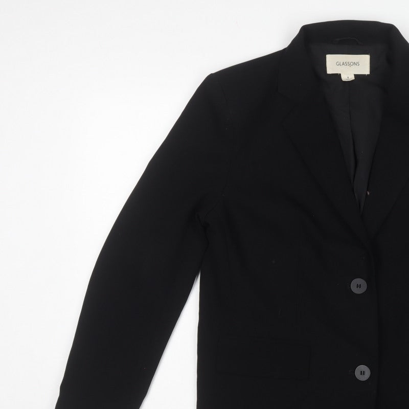 Glassons Women Black UK 8 Long 2 Button Notch Lapel Blazer Jacket
